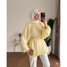 RFK Butik Kadın Balon Kol Bubble Kemerli Tunik - Sarı