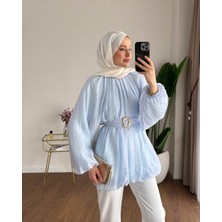 RFK Butik Kadın Balon Kol Bubble Kemerli Tunik - Mavi