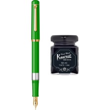 Wiz Design - Scrikss Pistonlu Yeşil Dolma Kalem + Kaweco 50 ml Siyah Şişe Mürekkep
