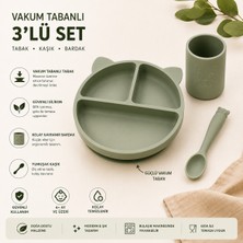 Bebeye 3'lü Bebek Beslenme Seti Vakumlu Mama Tabağı - Mama Kaşığı - Alıştırma Bardağı Olive Green