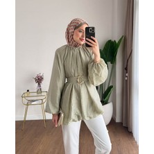 RFK Butik Kadın Balon Kol Bubble Kemerli Tunik - Yeşil