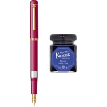 Wiz Design - Scrikss Pistonlu Fuşya Dolma Kalem + Kaweco 50 ml Mavi Şişe Mürekkep