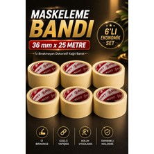 Bumy 6 Adet Ekonomik Set Maskeleme Bandı 36 mm x 25 Metre Iz Bırakmayan Boya Bandı Güçlü Yapışkanlı Krep Kağıt Bant