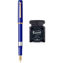Wiz Design - Scrikss Pistonlu Saks Mavi Dolma Kalem + Kaweco 50 ml Siyah Şişe Mürekkep
