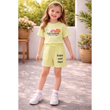 Kyex Kids Kyex Kız Çocuk Beyaz Tişört Pembe Şortlu Takım Yazlık Baskılı Pamuklu 2'li Takım