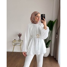 RFK Butik Kadın Balon Kol Bubble Kemerli Tunik - Beyaz