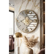 Asse Tasarım Premium Rotating Gears Mirror Wall Clock Hareketli Döner Çark 50CM Beyaz-Antrasit-Gold