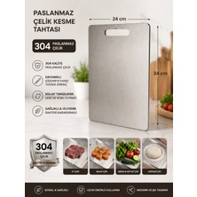 Moemi 304 Paslanmaz Çelik Kesme Tahtası 24X34 cm Hijyenik Koku Tutmaz Çift Taraflı Kullanım