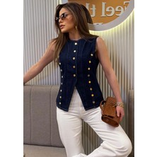 Luxia Gold Düğmeli Denim Yelek