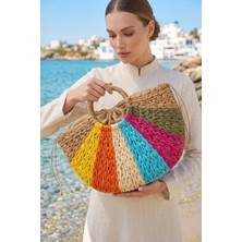 Marina Swimwear Renk Bloklu Sepet Hasır Çanta - Krem CNT2609