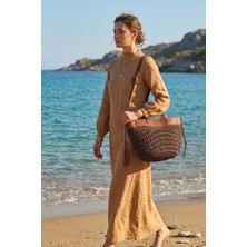 Marina Swimwear Deri Detaylı Hasır Çanta - Kahve CNT2604-3