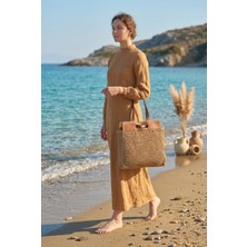 Marina Swimwear Deri Üst Detaylı Hasır Çanta - Krem CNT2605-1