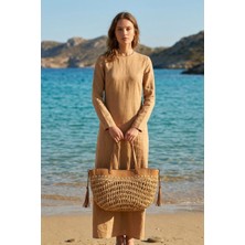 Marina Swimwear Deri Detaylı Hasır Çanta - Krem CNT2604-2