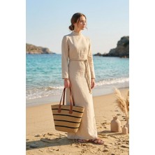 Marina Swimwear Çizgili Hasır Çanta - Krem CNT2608-1