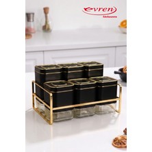 EVREN MUTFAK Siyah 6 Parça Kare Vakum Kapaklı Cam Baharatlık Seti ve Metal Stant, Baharat Takımı 6’lı Set