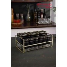 EVREN MUTFAK Siyah 9 Parça Kare Vakum Kapaklı Cam Baharatlık Seti ve Metal Stant, Baharat Takımı 9’lu Set