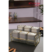 EVREN MUTFAK Sılver 6 Parça Kare Vakum Kapaklı Cam Baharatlık Seti ve Metal Stant, Baharat Takımı 6’lı Set