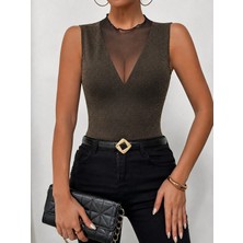 Gökyüzü Moda Kadın Kolsuz Tül Yuvarlak Yakalı Derin V Dekolteli Simli Bluz