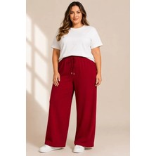 Deridün Yıldız Shoes Battal Beden Bürümcük Kumaş Beli Lastikli Bağcıklı Bol Paça Palazzo Pantolon - Bordo