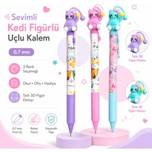 Mikro 3 Adet Kedi Figürlü Uçlu Kalem 0.7 mm Sevimli 3D Başlıklı Mekanik Kalem 3 Renk Seçenekli Okul Ofis Hediyelik Yazı Kalemi