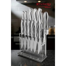 EVREN MUTFAK 13 Parça Premium Paslanmaz Çelik Şef Bıçağı Seti Standlı (Şef,et,ekmek,soyma ve Biftek Bıçağı)