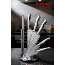 EVREN MUTFAK 7 Parça Premium Paslanmaz Çelik Şef Bıçağı Seti Standlı (Şef,et,ekmek, Soyma Bıçağı,bileyici)