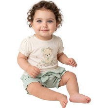 İrem Çocuk Giyim Kız Bebek Ayıcık Desen Badili Omuzu Çıtçıt Kapamalı Müslin Şortlu Takım