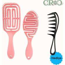 Croc Saç Fırçası Seti 2li Somon - Saç Açıcı Fırça, 3D Detangler Brush - Tarak Hediyeli