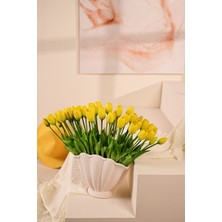 Sarı Yapay Tulipa Lale Çiçeği Buketi 5 Dallı Premium Canlı Islak Dokulu 43 cm