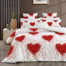 Lorien Valentines Kalp Desenli Çift Kişilik, Lastikli Çarşaflı, Çift Taraf Kullanımlı Nevresim Takımı