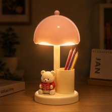 CoverZone Ayıcıklı Mini Cartoon LED Masa Lambası USB Şarjlı 3 Kademeli Dimmer Işık Kalemlik ve Telefon Standı Özellikli Pp Abs Gövdeli Şarjlı Masa Lambası | QS014A
