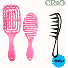 Croc Saç Fırçası Seti 2li Pembe - Saç Açıcı Fırça, 3D Detangler Brush - Tarak Hediyeli