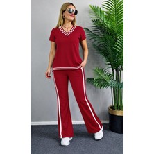 Gökyüzü Moda Kadın Kısa Kollu V Yakalı Viskon Iki Iplik Bluz ve Pantolon Ikili Takım