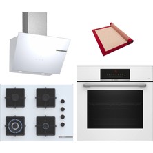 Bosch White 3 Lü Ankastre Set 629 ( HBJ559EW6T - POH7C2P31O - DWK66PJ20T ) - 3D Fry Tepsili - 67CM Wok Ocak - Pişirme Matı ile