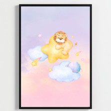 Besay Küçük Kralın Rüyası | Yavru Aslanlı Suluboya Gezegen ve Bulut Temalı Bebek Odası Posteri | 3'lü Çocuk Odası Poster Seti A