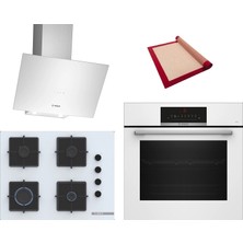 Bosch White 3 Lü Ankastre Set 628 ( HBJ559EW6T - POP7C2P31O - DWK64PJ20T ) - 3D Fry Tepsili - 67CM Ocak - Pişirme Matı ile