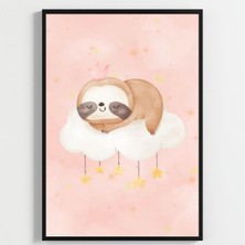 Besay Sevimli Tembel Hayvan | Bebek Odası Duvar Dekorasyonu | Pembe Bulutlu ve Balonlu Çocuk Odası Posteri | 3'lü Set A2 Çerçev