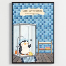 Besay Boneli Penguen Poster Komik Banyo ve Tuvalet Dekoru A4 Çerçevesiz