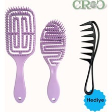 Croc Saç Fırçası Seti 2li Mor - Saç Açıcı Fırça, 3D Detangler Brush - Tarak Hediyeli