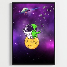 Besay Kozmik Dostluk | Modern Çocuk Odası Duvar Dekorasyonu | Ufo ve Gezegen Illüstrasyonlu Komik Tablo Seti | 3'lü Set A4 Çerç