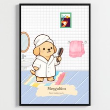 Besay Taraklı Köpek | Eğlenceli Banyo ve Tuvalet Duvar Dekorasyonu | Bornozlu ve Havlulu Komik Hayvan Poster Tablo | A4 Tekli Ç