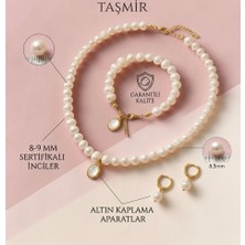 Taşmir Sertifikalı Doğal Beyaz Inci Kolye Bileklik Küpe Set - Altın Kaplama Aparat - Sedef Charm