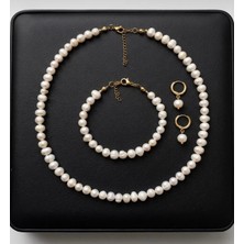 Taşmir Sertifikalı 6 mm Doğal Inci Kolye Bileklik Küpe Set - Pirinç 14 K Altın Kaplama Aparatlar