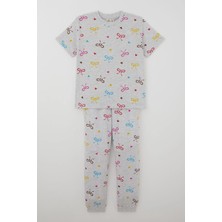 Paty Kids Paty Kıds Kız Çocuk Pijama Takımı Kısa Kollu Renkli Fiyonklu & Kalp Desenli 8-12 Yaş, Açık Gri Melanj