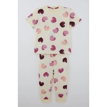 Paty Kids Paty Kıds Kız Çocuk Pijama Takımı Kısa Kollu Renkli Kalp Desenli 8-12 Yaş, Sarı