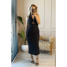 BeeYouStudio Gold Toka Detaylı Boyundan Bağlamalı Denim Elbise M