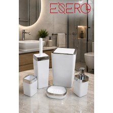 Esero 340 Krom Beyaz 5'li Lüks Banyo Aksesuar Seti Beyaz Krom | Çöp Kovası Wc Fırçalık Sıvı Sabunluk Sabunluk Diş Fırçalık Modern Banyo Seti