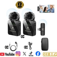 2’li Kablosuz Yaka Mikrofonu Type-C & Lightning Uyumlu, Dsp Gürültü Azaltma, Android iPhone Canlı Yayın Video Ses Kayıt Mikrofonu