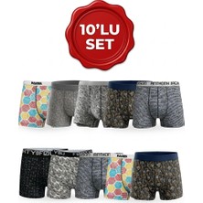 Orivra Erkek Boxer 10’lu Set Likralı Pamuklu Desenli Karışık Renk S-3XL