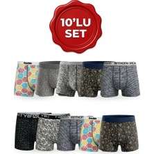 Orivra Erkek Boxer 10’lu Set Likralı Pamuklu Desenli Karışık Renk S-3XL